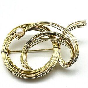 Vintage Gold Tone Swirl Brooch with Faux Pearl Accent